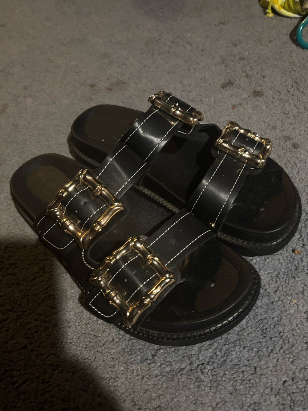 Indigo Black Slide Sandals with Gold Buckles